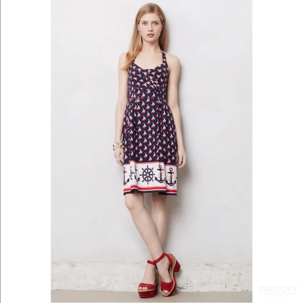 Anthropologie Nautical Sailboat Halter Dress in Navy, Red, White - Picture 2 of 10